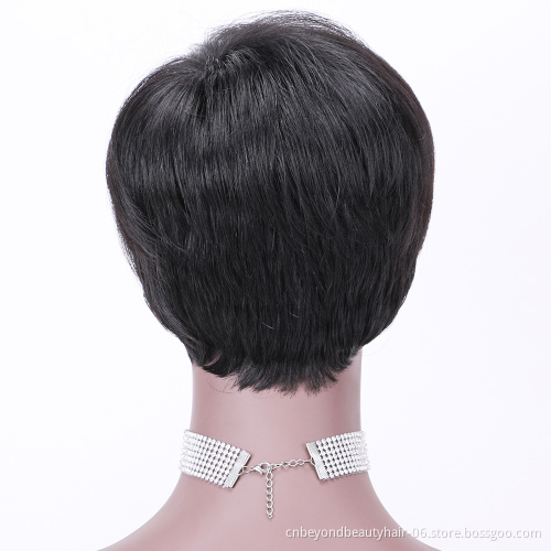 Natural Looking Short Human Hair Wigs Pixie Cut Dark Root Ombre Natural Black Wigs with Bangs Wigs for Women